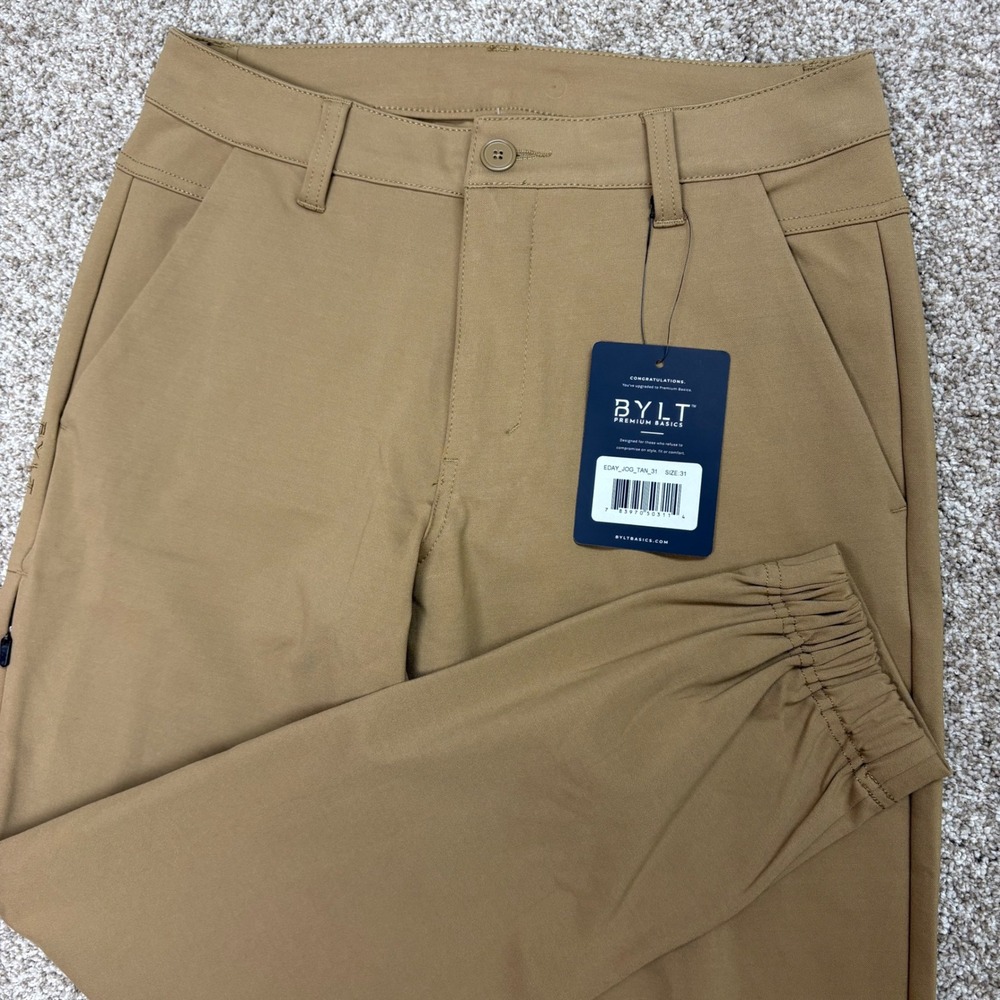 NEW BYLT Everyday Jogger Mens 31 Tan Stretch Performance Tech Pants 28" Inseam